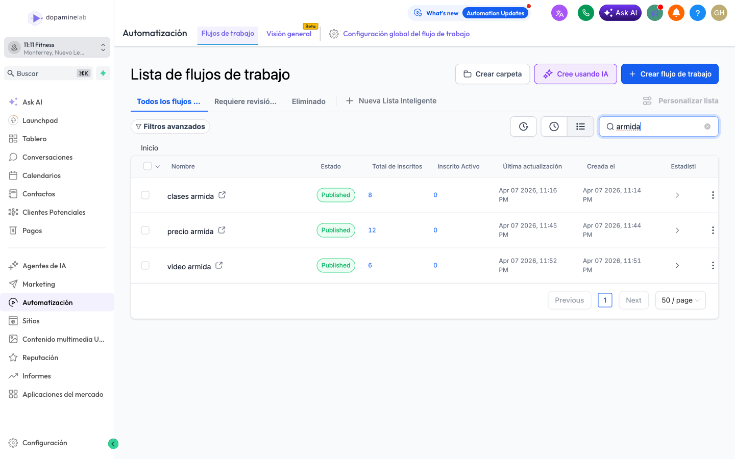Lista de workflows en GoHighLevel filtrada por video